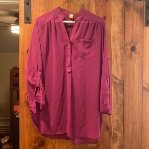 Bee Stitched Button Front Sheer Tunic, Size L, color magenta/plum